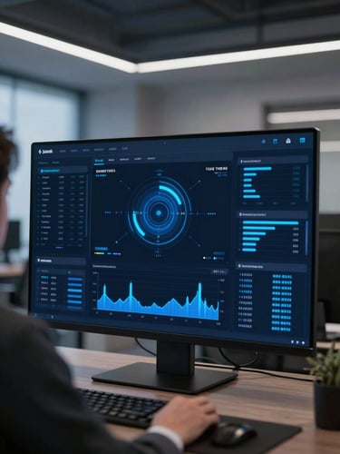 Sleek software screen showing real-time data visualization, dark UI with electric blue metrics, over-the-shoulder corporate perspective