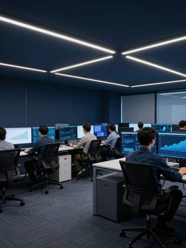 Sleek corporate technology photography, cool ambient office lighting, deep navy and electric blue tones, wide-angle architectural lens showing a technical team analyzing growth metrics on multiple clean displays.