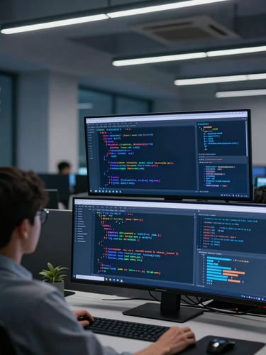 Over-the-shoulder perspective of screens displaying clean code and data visualizations in a cool, low-key ambient office environment.