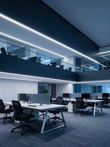 Sleek corporate technology photography, wide-angle architectural lens showing a high-contrast modern workspace with cool ambient blue lighting.