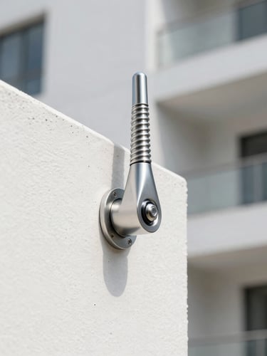 Macro close-up of a sleek stainless steel tensioner anchored into a clean white concrete balcony wall, bright daylight reflecting off the polished metal surface, sharp focus.
