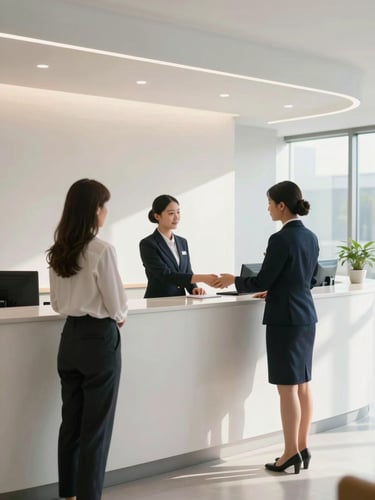 Wide environmental shot of a clean, modern corporate reception desk with a professional uniformed receptionist greeting visitors under bright, natural light.