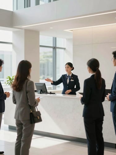 Wide environmental shot of a professional uniformed receptionist greeting visitors at a modern corporate lobby, bright natural window light, clean geometric lines