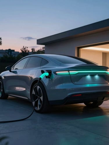 Cinematic wide angle shot of a sleek electric vehicle parked at twilight inside a high-tech home garage, glowing LED cyan charging connector plugged in, 35mm