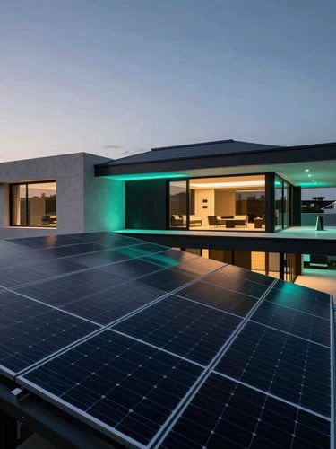 Cinematic wide angle of a modern architectural villa at twilight, integrated sleek black solar panels glowing under cool ambient sky, sharp technical details, 35mm