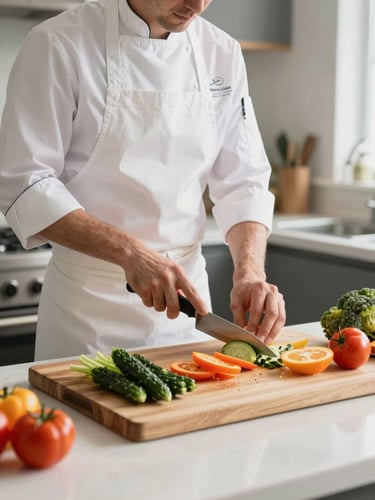 Bright domestic kitchen, a professional chef in a clean apron slicing fresh colorful vegetables on a wooden board, natural morning light, Saint-Omer style.