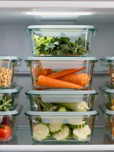 Bright, natural daylight close-up of neatly stacked glass meal containers filled with colorful vegetables inside a clean domestic refrigerator.