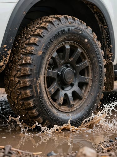 A close-up of a mud-splattered utility vehicle tire tearing through a deep puddle, water splashing dynamically, high contrast
