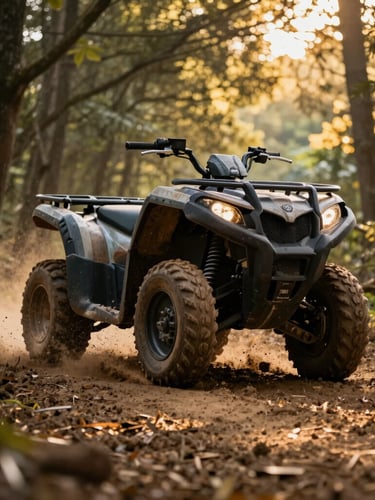 Low-angle dynamic shot of an ATV kicking up mud on a forest trail, dramatic golden hour sunlight filtering through trees, high contrast.