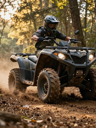 A low-angle action shot of an ATV kicking up thick mud on a forest trail, dramatic golden hour sunlight filtering through trees