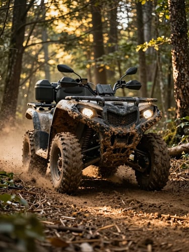 Low-angle dynamic action shot of a mud-splattered ATV tearing through a forest trail, kicking up dirt, dramatic golden hour sunlight filtering through trees.