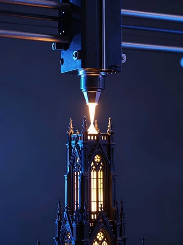A close-up vertical portrait of a 3D printer nozzle extruding glowing amber filament onto an intricate, dark gothic tower model in a dark room, misty atmosphere, dramatic blue rim light.