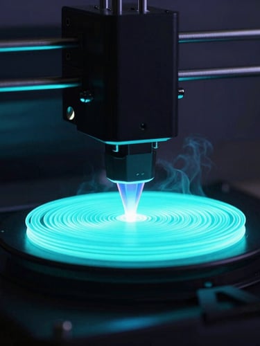 A close-up of a 3D printer nozzle glowing mid-print in a dark room, depositing glowing neon-cyan filament layer-by-layer, soft smoke, dramatic lighting