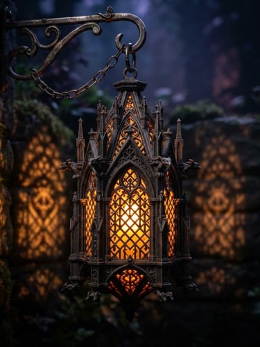 A high-resolution macro shot of an intricate 3D printed gothic lantern glowing with warm amber light from within, casting detailed shadows of runic filigree, dramatic low-key twilight lighting, 35mm