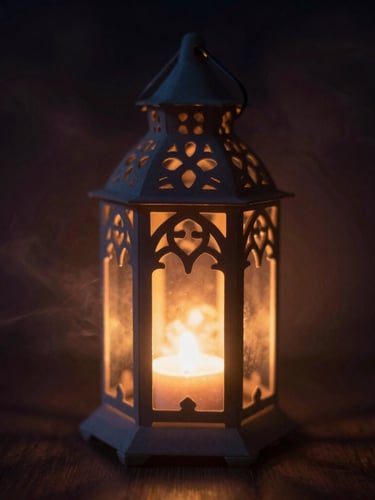 Mystical product photography, low-key dramatic lighting, an intricate 3D printed gothic lantern glowing with soft amber light from within, dark background with subtle smoke, macro lens