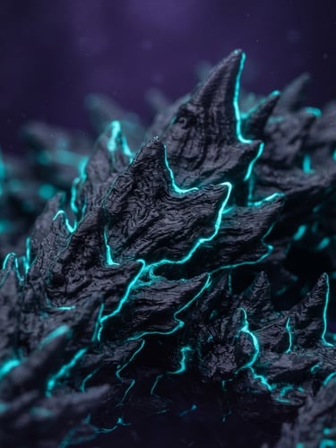 Mystical product photography, macro shot of a 3D printed fantasy dragon scale texture, glowing neon-cyan rim light, deep twilight violet background, 35mm lens