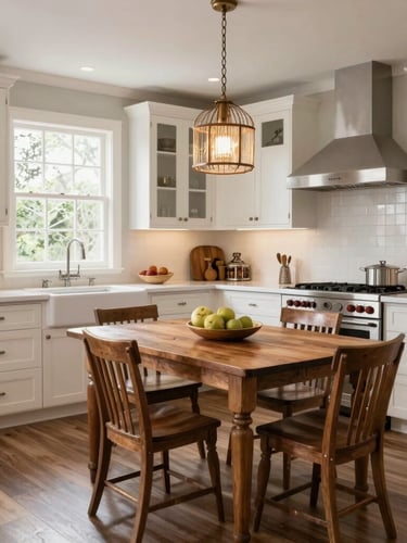 A sunlit, spacious residential kitchen with low-barrier wooden countertops, warm morning light streaming through a large window, and a shared dining table in the background.