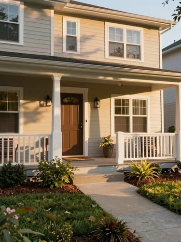 A warm, sunlit residential home exterior with a welcoming front porch, zero-step entry ramp integrated beautifully into the landscaping, soft afternoon light