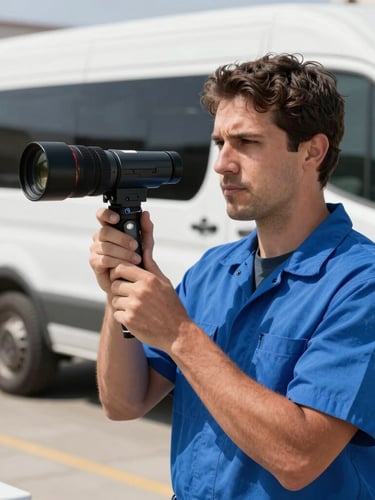 Direct-to-camera portrait of a professional technician in a clean blue uniform, holding a duct inspection camera, bright Southern California daylight, service van in the background.