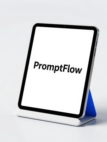 A premium 3D render of a digital tablet displaying a clean minimalist eBook cover titled PromptFlow on a sleek white stand, electric blue accents, bright studio lighting, soft shadows