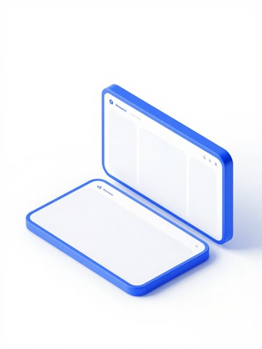Minimalist isometric 3D render of modern digital devices displaying clean user interfaces, bright high-key studio light, minimalist white and electric blue, sharp focus, modern tech aesthetic