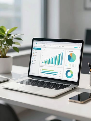Bright modern workspace with natural daylight, a clean UI dashboard showing growth charts on a laptop screen, 35mm lens, sharp focus