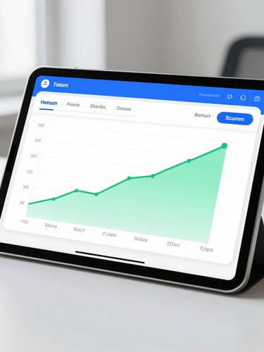 A modern clean UI dashboard showing a growth chart on a tablet screen, bright natural daylight, cool blue and green accents, 35mm lens