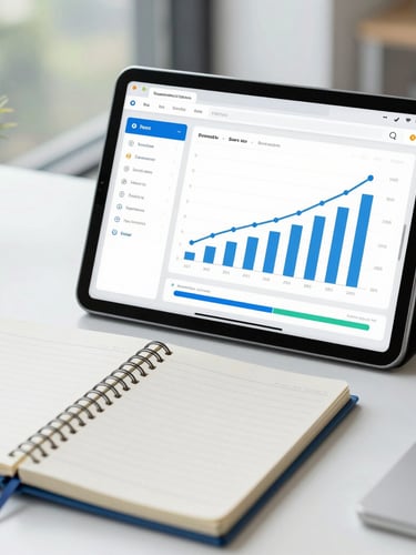 Editorial medium-close shot of a modern workspace in bright natural daylight, showing a clean UI dashboard with rising growth charts on a tablet next to a strategy notebook.