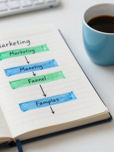 Close-up of a strategy notebook with clean handwritten marketing funnels, next to a ceramic coffee mug on a white desk under cool daylight