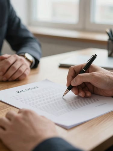 A close-up of hands signing a clean loan agreement on a solid wooden table, natural overcast daylight, authentic Slovak office environment.