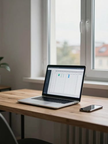 A medium shot of a modern, clean Slovak home office in Bratislava, soft overcast daylight coming from a side window, highlighting a wooden desk with a laptop displaying a simple financial calculator interface.