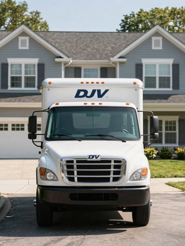 Eye-level straight-on shot of a clean, branded DJV Contracting truck parked on a neat suburban Westchester driveway in bright, natural morning light, with a beautifully renovated home exterior in the background.