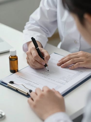A clinical practitioner's hands writing notes on a heavy paper medical chart, a small amber glass bottle of herbal extract nearby, soft natural side lighting, professional and calm.