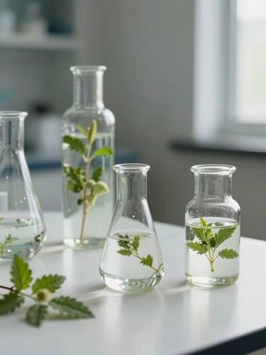 Raw botanical ingredients in clean glass laboratory vessels, soft diffused natural daylight, negative space, clinical-botanical editorial style.