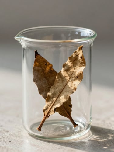 Macro shot of dried botanical leaves inside a clean, heavy glass clinical beaker on a light stone surface, soft diffused morning daylight from the side, minimalist composition.