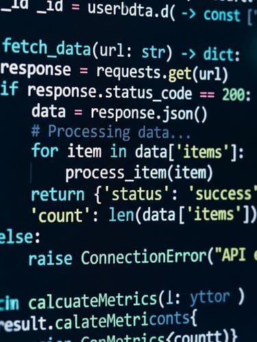 Macro close-up of a high-resolution screen displaying clean, structured code, cool diffused studio light with subtle teal and navy reflections, sharp focus