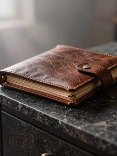 Extreme close-up of a leather-bound itinerary resting on a dark stone console table, soft morning fog light filtering from the side, quiet luxury editorial style.