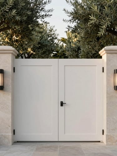 Extreme close-up of a secure, minimalist limestone estate entrance gate in Los Angeles, soft morning light filtering through mature olive trees, high-end architectural detail, negative space.