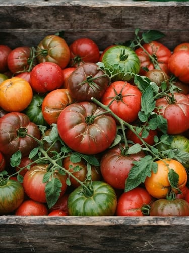 Close-up of fresh heirloom tomatoes in a weathered wooden crate, soft overcast natural light, rich crimson and forest green tones, matte finish, 35mm lens.