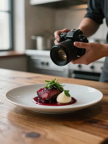 Candid medium shot of a photographer setting up a shot of a beautifully plated dish on a rustic wooden table in a restaurant kitchen, soft natural light from a window, blurred background of kitchen activity, warm editorial photography, soft overcast natural light, rich crimson and forest green tones, matte finish, 35mm lens