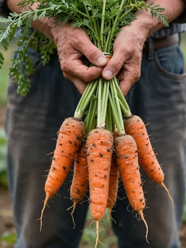 A farmer's hands holding a bunch of freshly harvested muddy carrots, soft diffused daylight, rustic farm background, matte finish, 35mm lens.