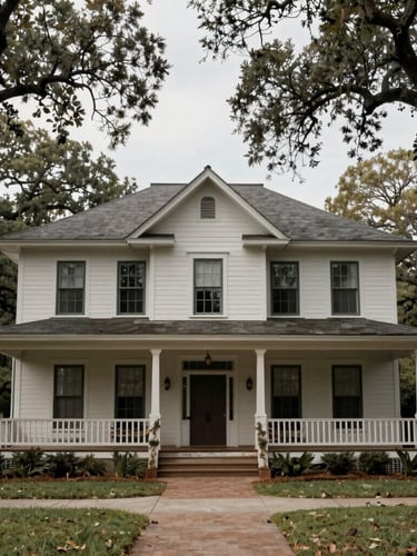 A straight-on architectural photograph of a weathered craftsman-style bungalow in Alabama, showing natural wear under soft, overcast daylight, framed by mature oak trees.