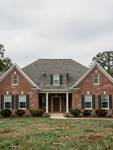 Straight-on architectural shot of a classic Alabama brick ranch home under soft overcast daylight, showing authentic weathered details with generous negative space.