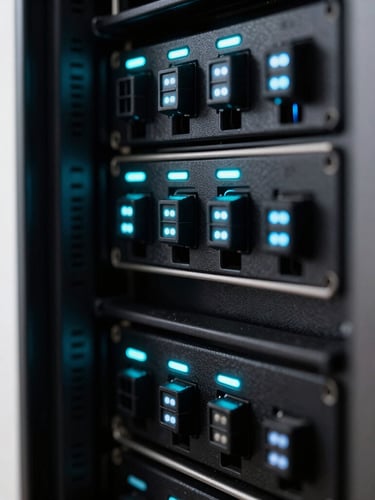 Macro close-up of server racks with glowing cyan LED indicators, deep obsidian shadows, high contrast, technical aesthetic