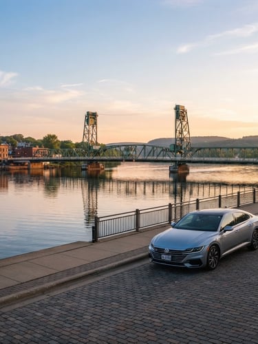 Clean silver sedan parked near the Stillwater Lift Bridge at golden hour, crisp morning light, wide environmental shot, low horizon