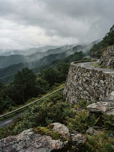 Wide panoramic Blue Ridge mountain slope, massive dry-stack stone wall anchoring the steep terrain on the right, misty mountain daylight, deep forest greens and slate tones, medium format film.