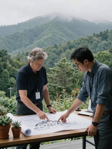 Portrait of two landscape architects in a bright Hendersonville office, one pointing at a large blueprint of a mountain estate, native plant specimens on a nearby table, soft overcast light.