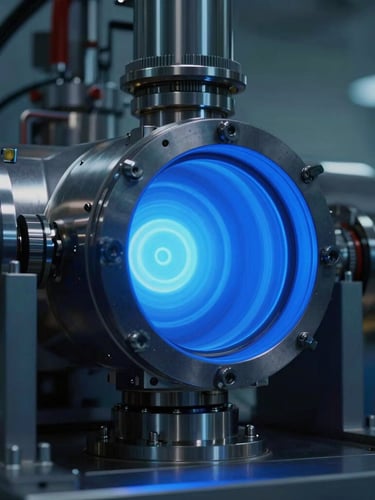 Low-key industrial macro photography of a high-tech MPCVD plasma chamber glowing blue, sharp technical highlights, 50mm lens