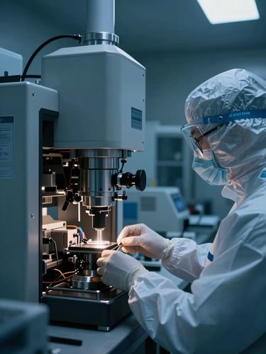 A close-up of a high-tech cleanroom facility with a technician in protective gear operating precision equipment under cool blue technical lighting.