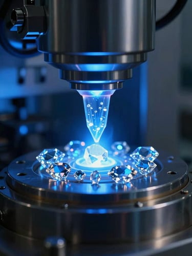 Macro shot of a high-tech MPCVD plasma chamber glowing intense blue, synthesizing raw diamond crystals with sharp technical highlights, cool low-key lighting, 50mm lens